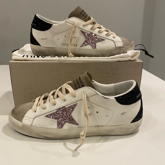 Golden Goose Superstar Sneaker White Leather/Taupe/Black/Mauve Glitter sz 37 NIB - Picture 4 of 14